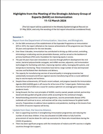 Highlights from the Meeting of the Strategic Advisory Group of Experts (SAGE) on Immunization, 11-13 March 2024