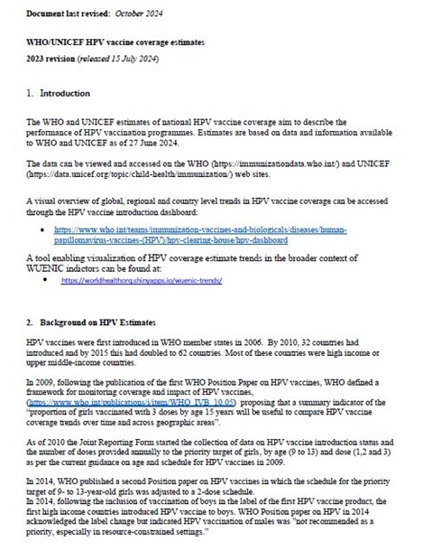 WHO/UNICEF HPV vaccine coverage estimates