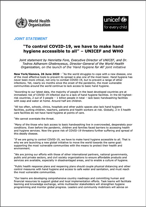 WHO/UNICEF Joint Statement on the launch of Hand Hygiene for All Initiative