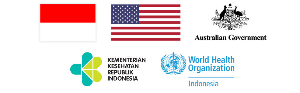 Flags of Indonesia and United States of America, logos of the Australian Government, Ministry of Health of Indonesia and WHO Indonesia.