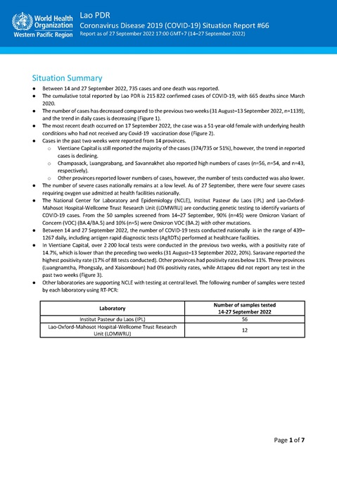 COVID-19 situation report for Lao PDR #66: 27 September 2022