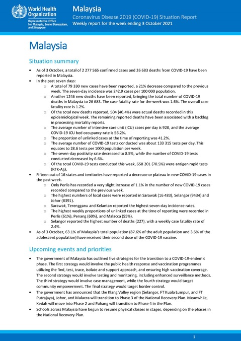 COVID-19 in Malaysia Situation Report 62